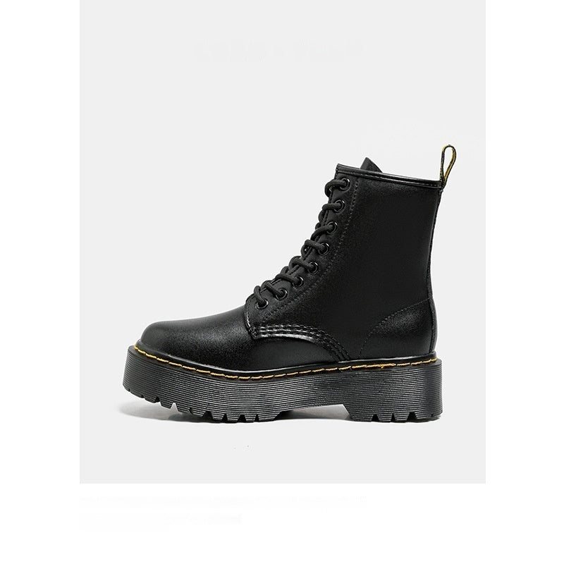 Platform Martin Boots Women's Thickened Real Leather Black Flat Bottom