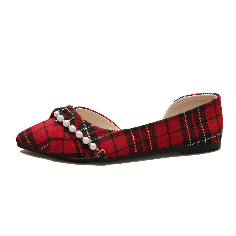 New Vintage Scoop Pointed Beaded Knot Plaid Low Heel Shoes