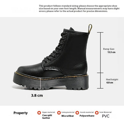 Platform Martin Boots Women's Thickened Real Leather Black Flat Bottom