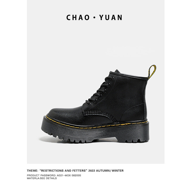 Platform Martin Boots Women's Thickened Real Leather Black Flat Bottom
