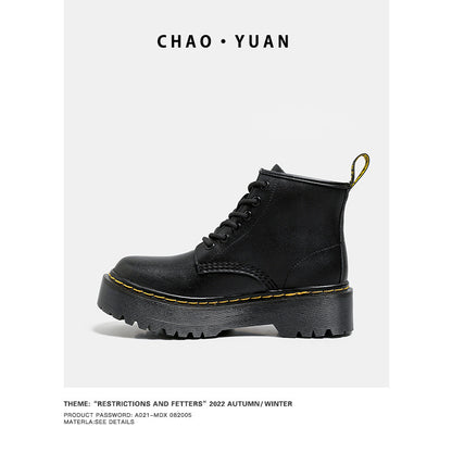 Platform Martin Boots Women's Thickened Real Leather Black Flat Bottom